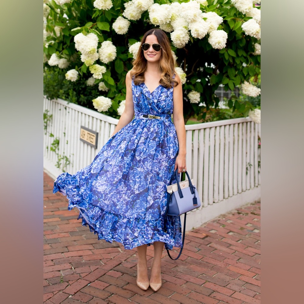 Kate Spade Blue and White Sleeveless V-Neck Midi Dress